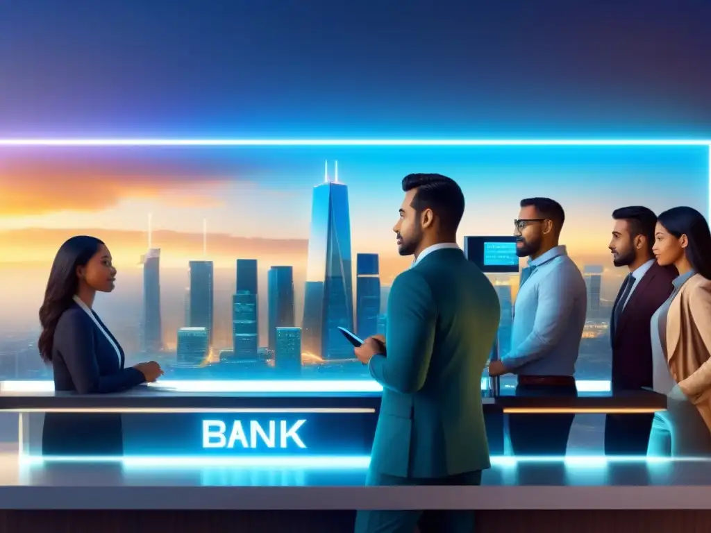 Grupo diverso en banco futurista: puntuación de crédito y vivienda Una ilustración moderna detallada muestra grupo variado en fila, con puntajes de crédito, en un banco futurista