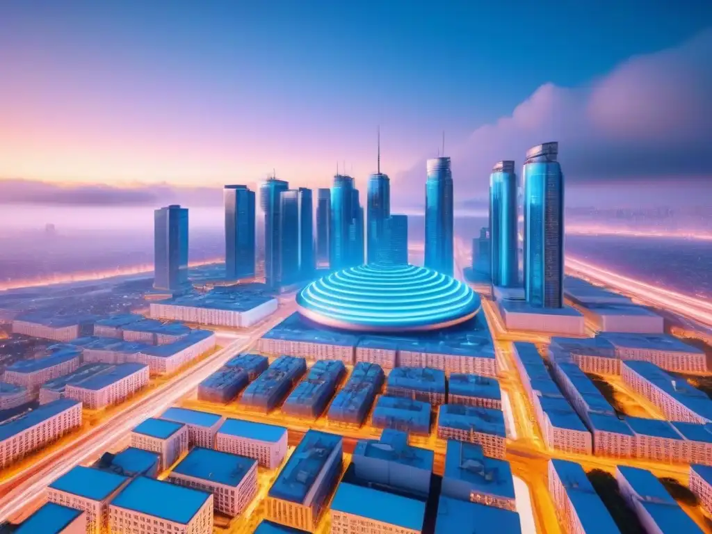 Metrópolis Futurista: Integración Tecnológica en la Vida Urbana Una ilustración moderna y elegante de una ciudad futurista con edificios interconectados y tecnología avanzada