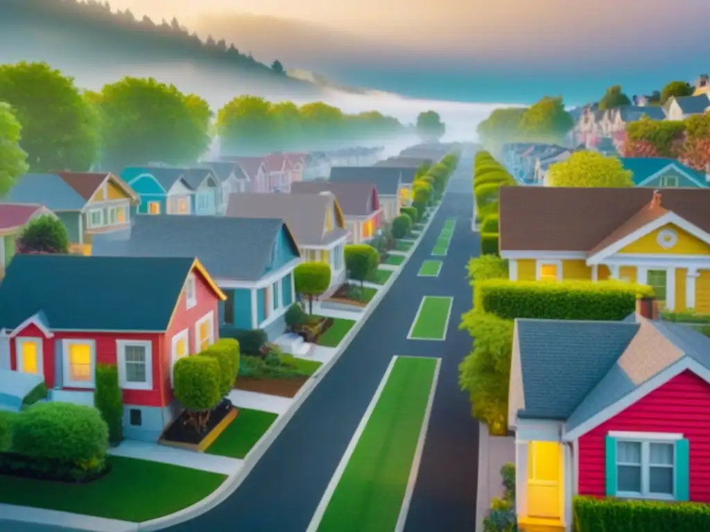 Vecindario vibrante: Familias felices reciben llaves de sus nuevos hogares Una ilustración moderna impresionante de vecinos diversos mudándose a sus nuevas casas en un barrio vibrante