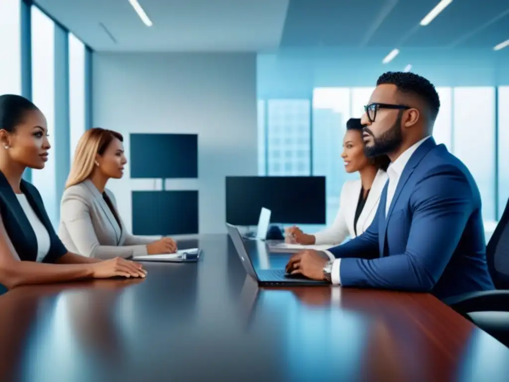 Reunión de agentes de seguros: diversidad e innovación en la industria Una imagen con agentes de seguros en una oficina moderna, discutiendo las mejores estrategias de promoción de seguros de propiedad