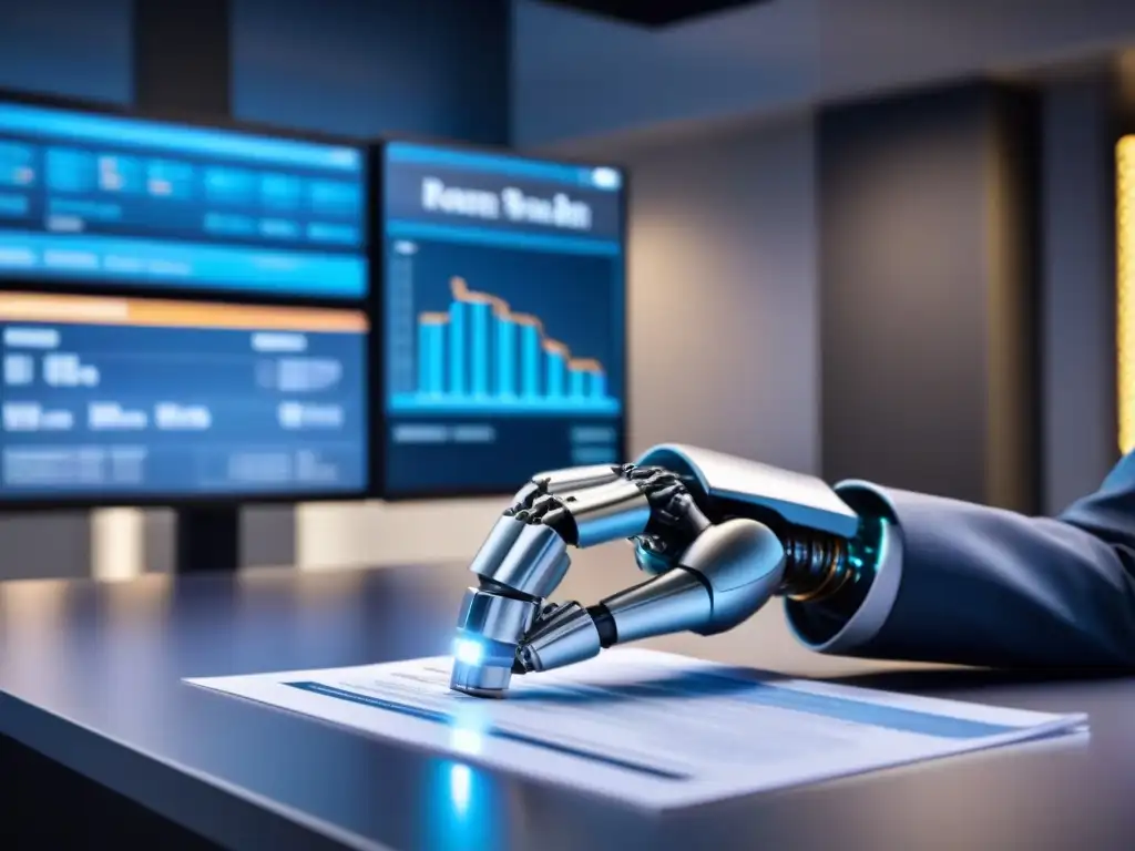 La imagen muestra un brazo robótico futurista procesando documentos de préstamos, destacando la tecnología avanzada en evaluación de préstamos