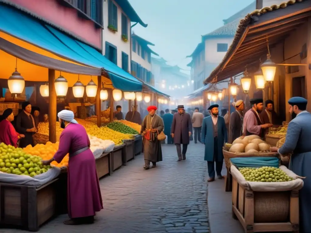 Mercado antiguo bullicioso: raíces históricas del trueque Vivid imagen de un bullicioso mercado antiguo, mostrando el surgimiento de préstamos hipotecarios en la historia
