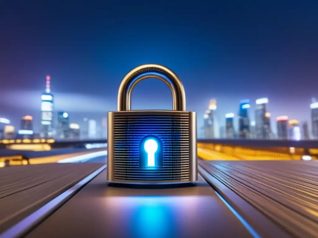 Padlock digital de alta tecnología en la ciudad nocturna Imagen 8k de un candado digital futurista con códigos de encriptación, en el fondo una ciudad tecnológica de noche
