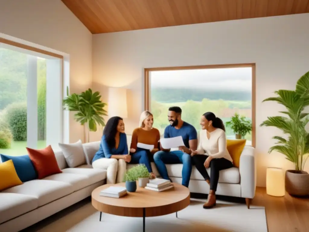 Comunidad unida: Vecinos felices discuten seguro de vivienda en acogedor salón Una imagen de comunidad unida discutiendo opciones de Seguro de propiedad cobertura completa en una sala acogedora y luminosa