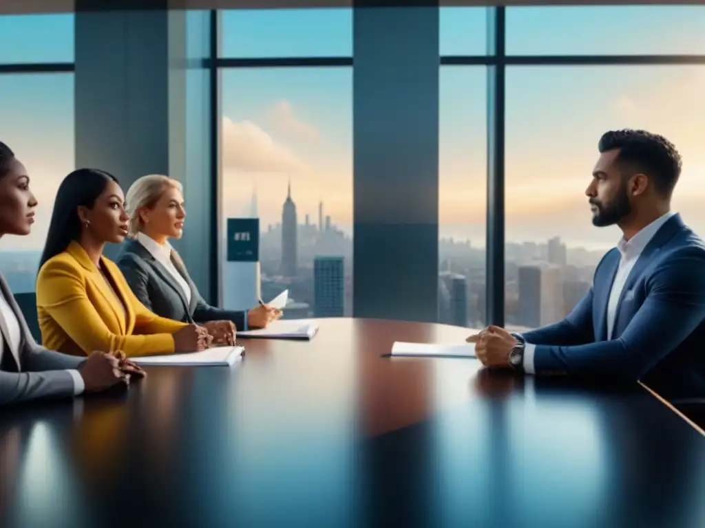 Reunión financiera diversa en oficina moderna Una imagen detallada en 8k de diversidad en reunión de negocios en oficina moderna, mostrando inclusión y profesionalismo en decisiones financieras