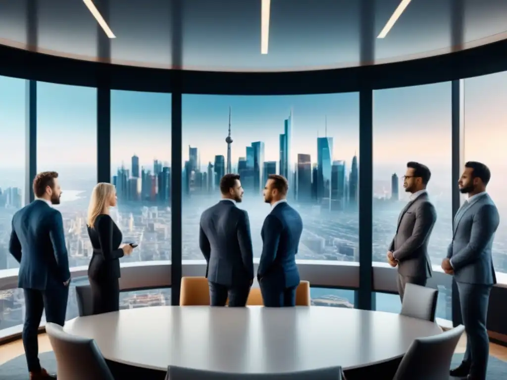 Reunión global de inversores inmobiliarios en boardroom futurista Una imagen detallada en 8k de empresarios internacionales diversificados discutiendo estrategias de inversión en un futurista salón de reuniones