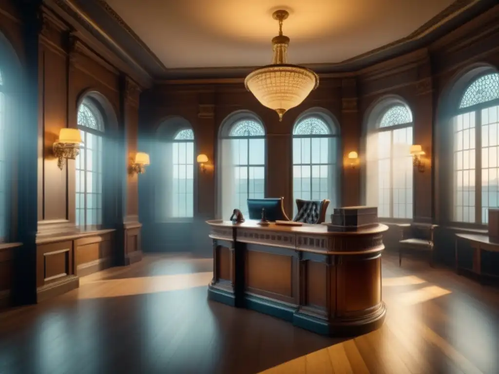 Interior de banco del siglo XIX: elegancia financiera Una imagen detallada de un interior bancario del siglo XIX con muebles de madera ornamentados y clientes en trajes de época