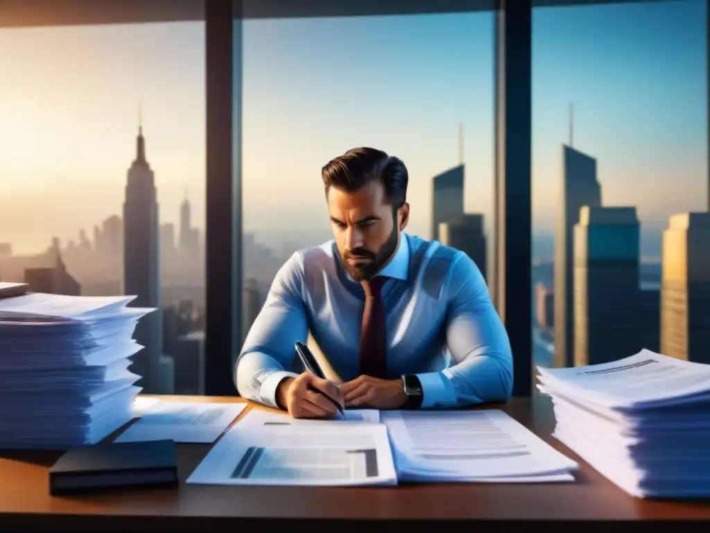 Inversor inmobiliario enfrenta desafíos fiscales en oficina moderna Imagen detallada de un inversor inmobiliario rodeado de documentos fiscales, reflexionando en su moderna oficina
