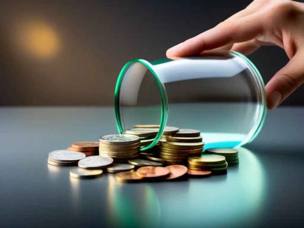 Detalles transparentes: lupa sobre frasco de monedas Una imagen detallada de una lupa sobre un frasco de vidrio transparente lleno de monedas, resaltando la transparencia en las transacciones financieras