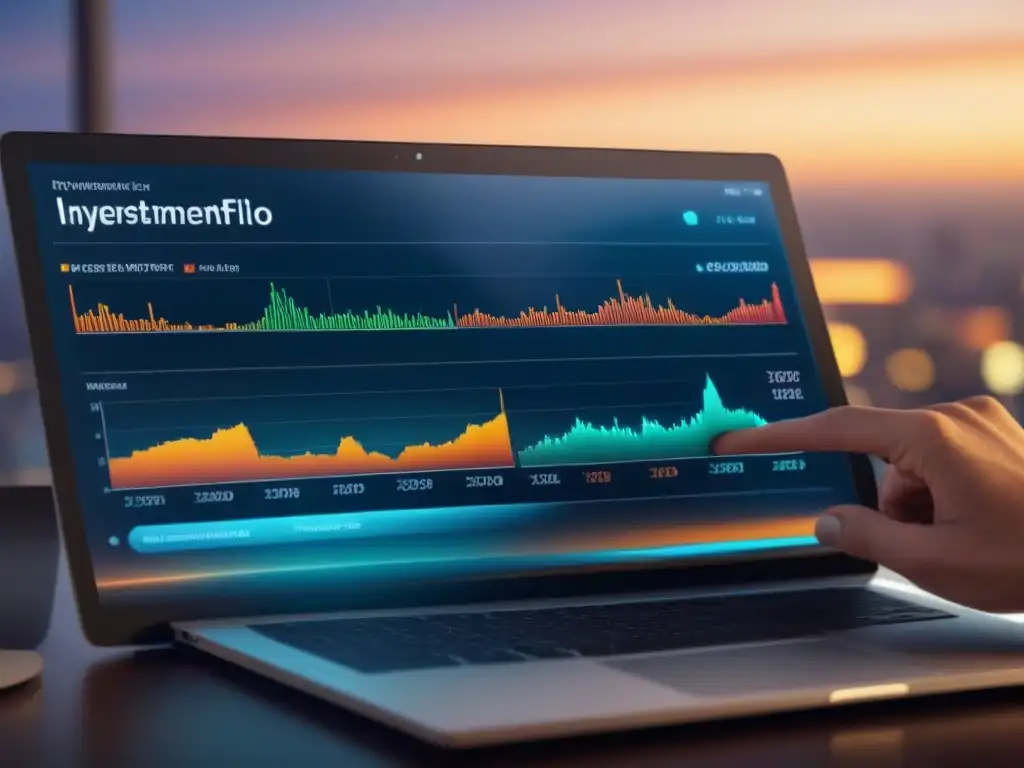 Portafolio de inversión diversificado en interfaz digital Una imagen detallada de una planificación de portafolio de propiedades equilibrado en una interfaz digital futurista y elegante