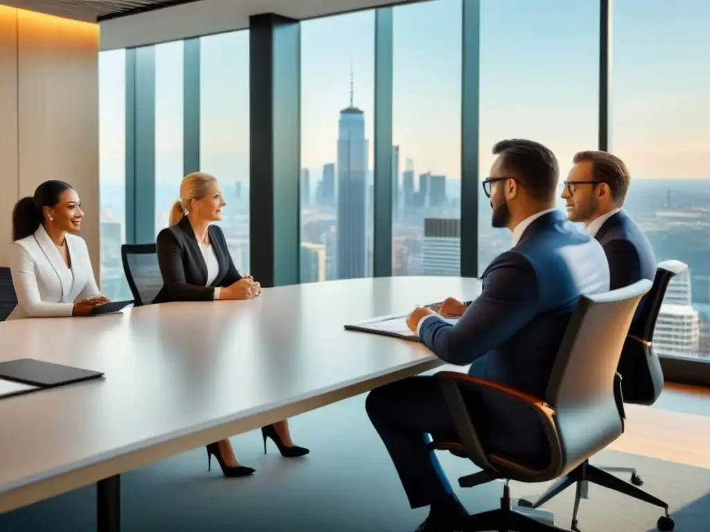 Reunión estratégica de profesionales en espacio moderno Una imagen detallada de profesionales diversos en trajes de negocios, debatiendo en una oficina moderna con vista a la ciudad