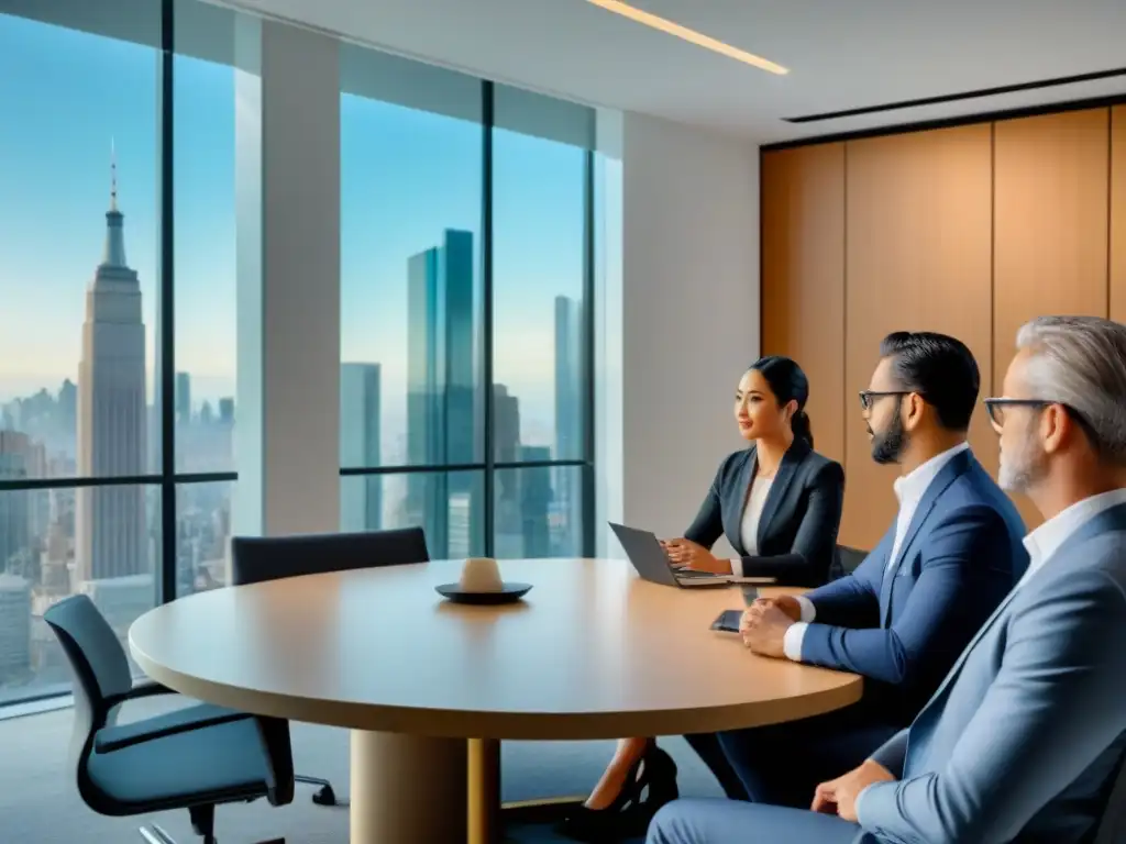 Profesionales en inversión inmobiliaria: diálogo diverso en espacio moderno Una imagen 8k detallada de profesionales diversos debatiendo ética en inversiones inmobiliarias en una oficina moderna