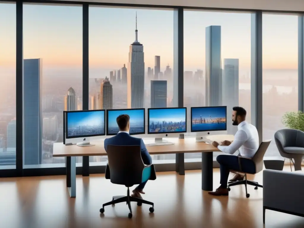 Profesionales en oficina moderna analizan inversiones inmobiliarias Una imagen detallada de profesionales en una oficina moderna, analizando datos de inversión inmobiliaria internacional