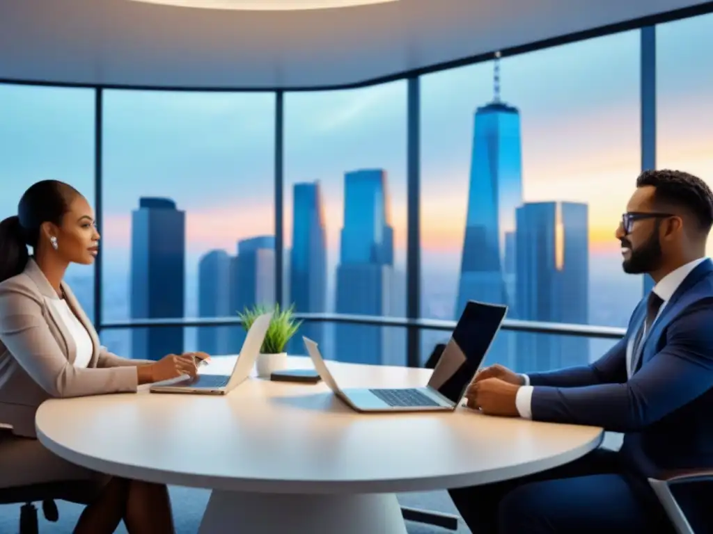 Profesionales expertos debaten seguros de edificios en moderna oficina Una imagen detallada de profesionales en una oficina moderna discutiendo seguros inmobiliarios
