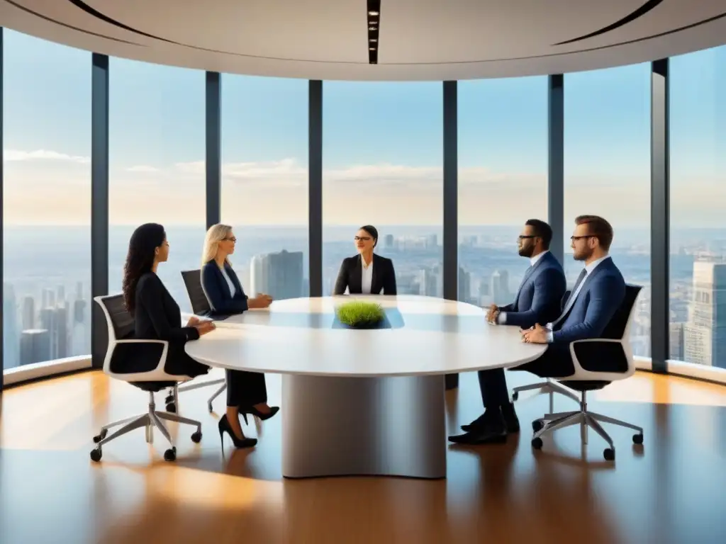 Reunión de profesionales en sala moderna Una imagen detallada de profesionales en una reunión de negocios, discutiendo estrategias de cumplimiento regulatorio en inversiones inmobiliarias