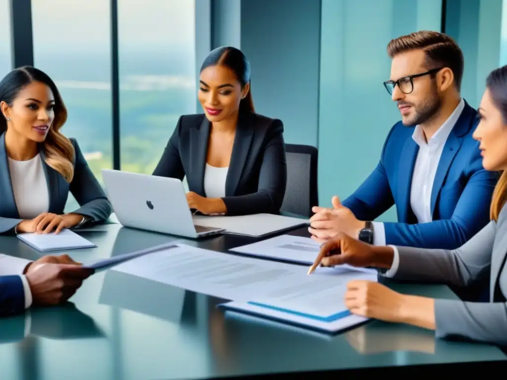 Profesionales en mesa de reunión: Legal, Finanzas y Real Estate Una imagen detallada de profesionales de diferentes sectores discutiendo en una elegante sala de conferencias