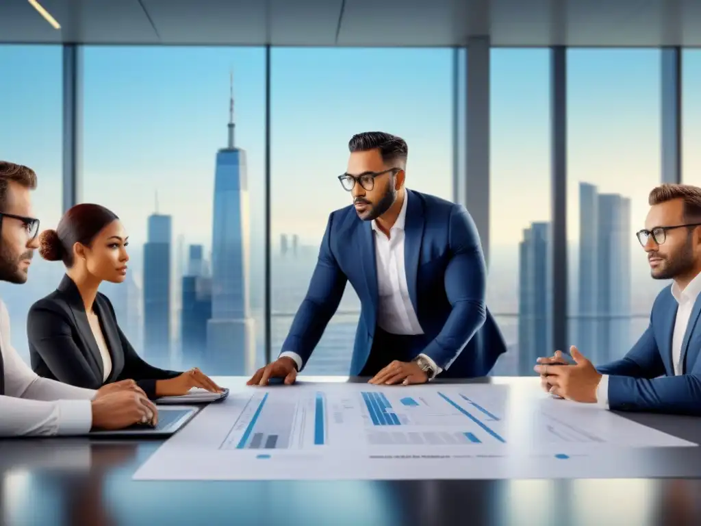 Profesionales diversificados debatiendo inversiones inmobiliarias Una imagen detallada en 8k de profesionales variados en una oficina moderna discutiendo oportunidades de inversión en crowdfunding inmobiliario