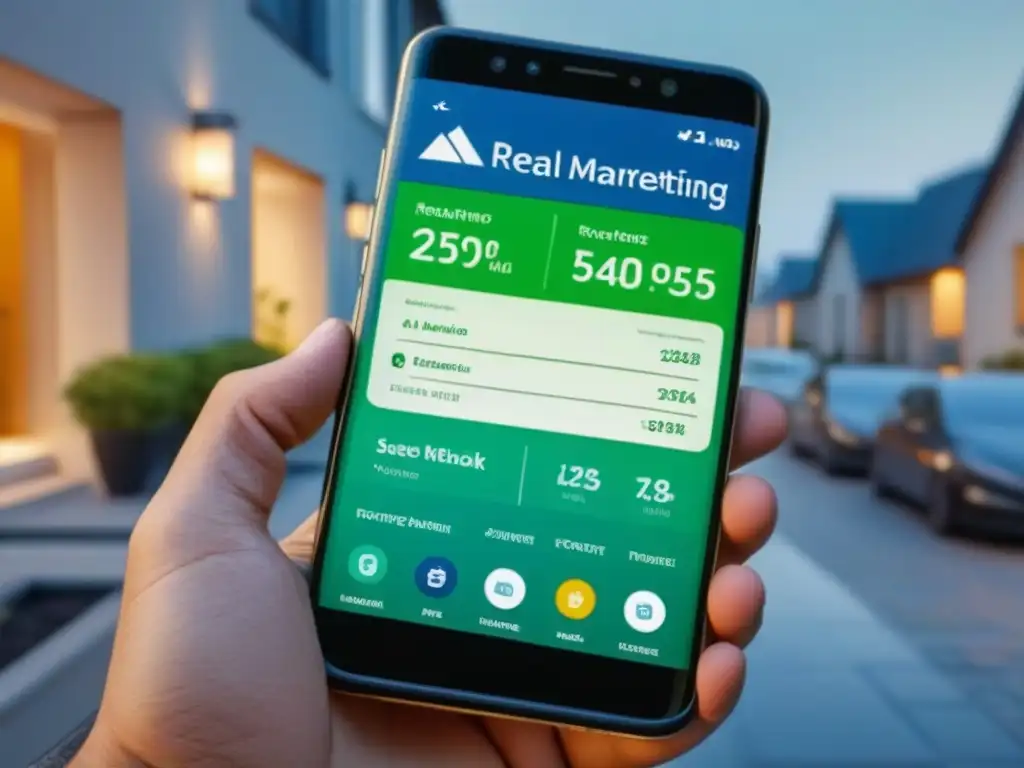 Interfaz innovadora de app inmobiliaria para marketing de afiliados Una imagen detallada en 8k de una sofisticada app de gestión inmobiliaria online en un elegante smartphone