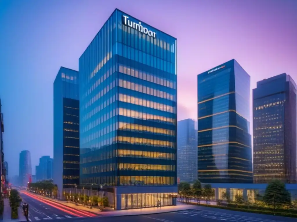 Edificio de oficinas moderno y lujoso en la ciudad al anochecer La imagen muestra un edificio de oficinas moderno y lujoso con ventanas de piso a techo que reflejan un paisaje urbano vibrante al anochecer