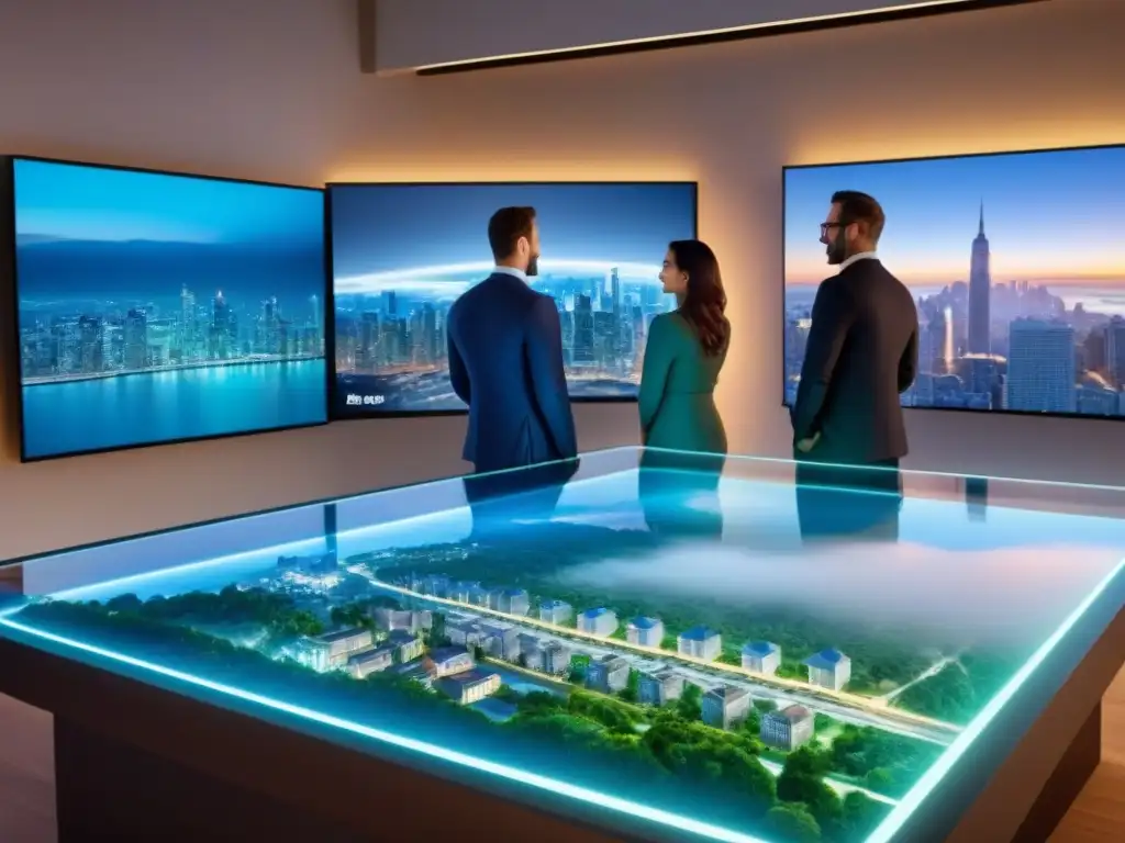 Inversión inmobiliaria: colaboración y transparencia en holograma 3D Una imagen futurista muestra diversidad generacional frente a holograma inmobiliario