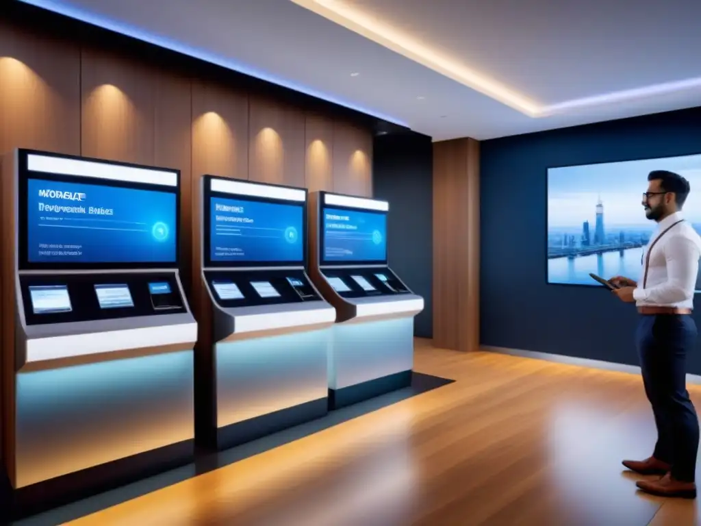 Interior bancario moderno con quioscos de autoatención para hipotecas Una imagen futurista de modernos quioscos de auto-servicio para solicitud de préstamo hipotecario convencional paso a paso