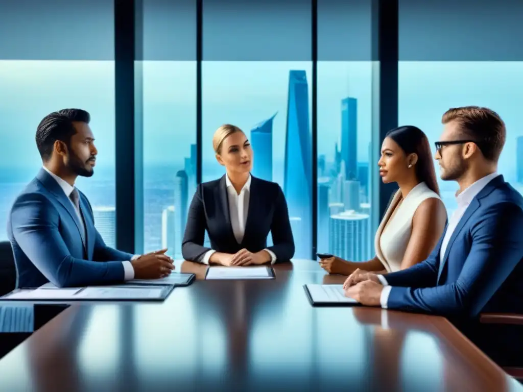 Profesionales diversificados debaten inversiones inmobiliarias con tecnología de vanguardia en sala minimalista Una imagen futurista y sofisticada de profesionales discutiendo estrategias de inversión inmobiliaria, destacando la importancia de los seguros