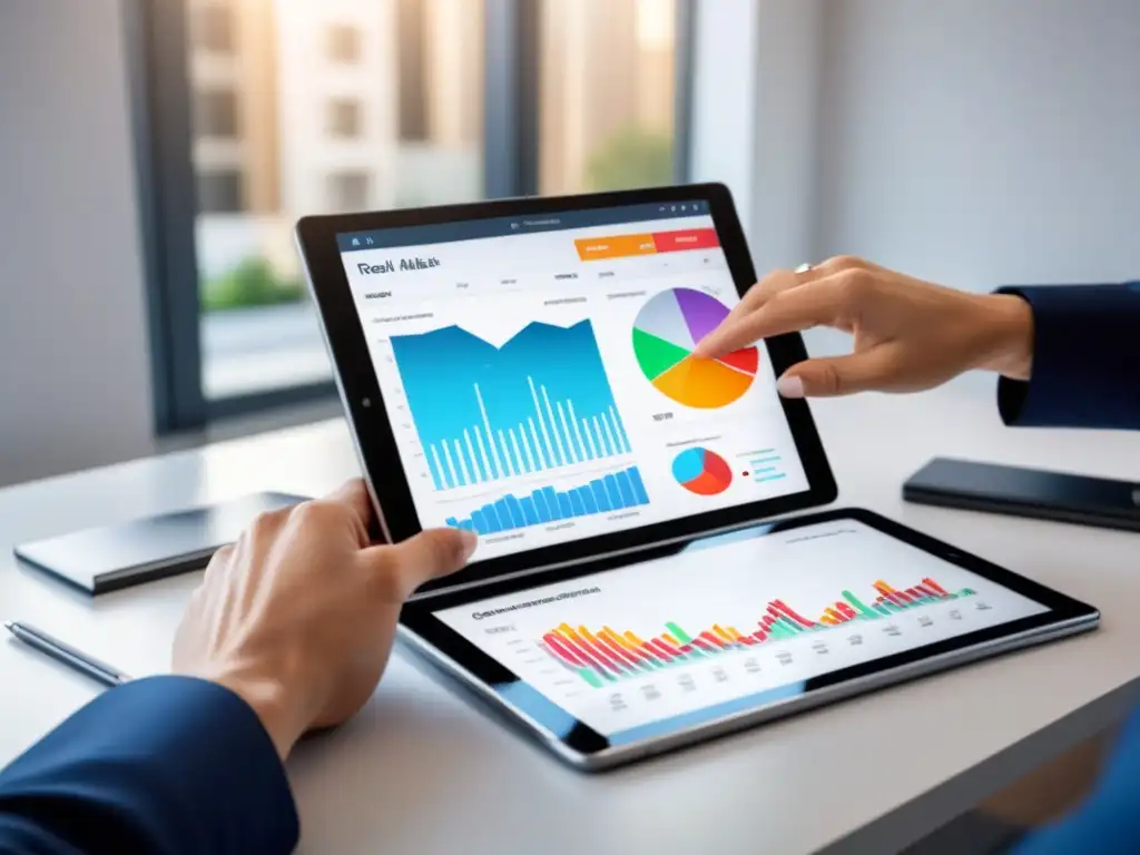 Herramientas de marketing inmobiliario en tablet Una imagen futurista de una tableta digital mostrando herramientas digitales para afiliados en plataformas inmobiliarias
