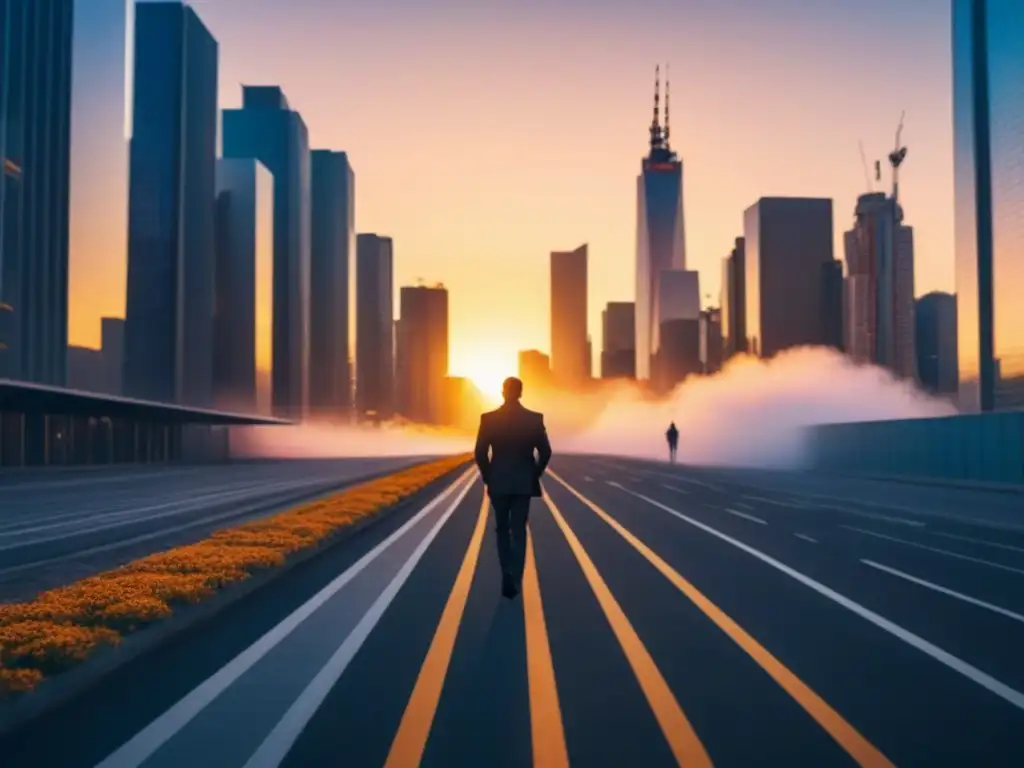 Horizonte urbano al atardecer: símbolo de inversión y progreso Imagen impactante de la ciudad al atardecer, con rascacielos modernos reflejando el sol