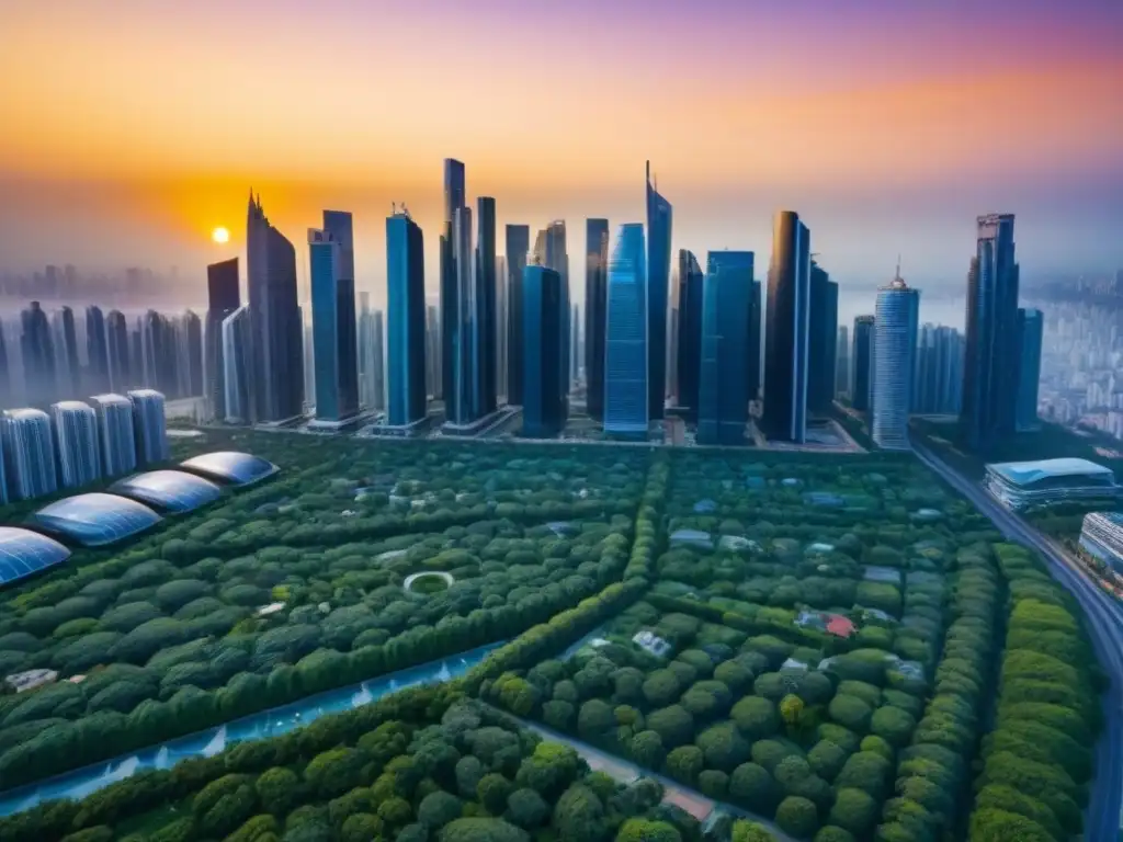Horizonte urbano futurista: rascacielos modernos bañados por el sol Imagen impactante de una ciudad futurista con rascacielos modernos reflejando tonos dorados al atardecer, conectados por pasarelas iluminadas y rodeados de vegetación exuberante