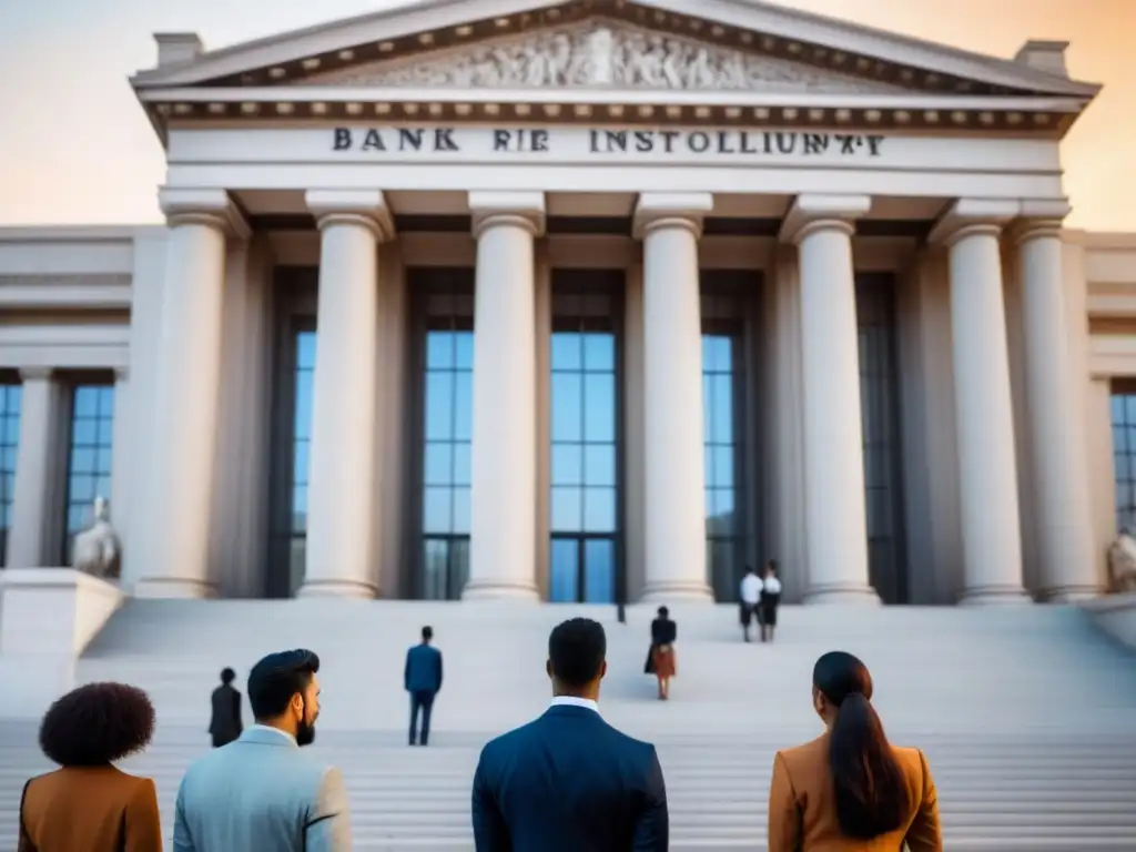 Unidos por tasas justas: diversidad frente al banco Una imagen impactante de diversidad y unidad frente a un imponente edificio bancario, demandando Ética tasas interés justas