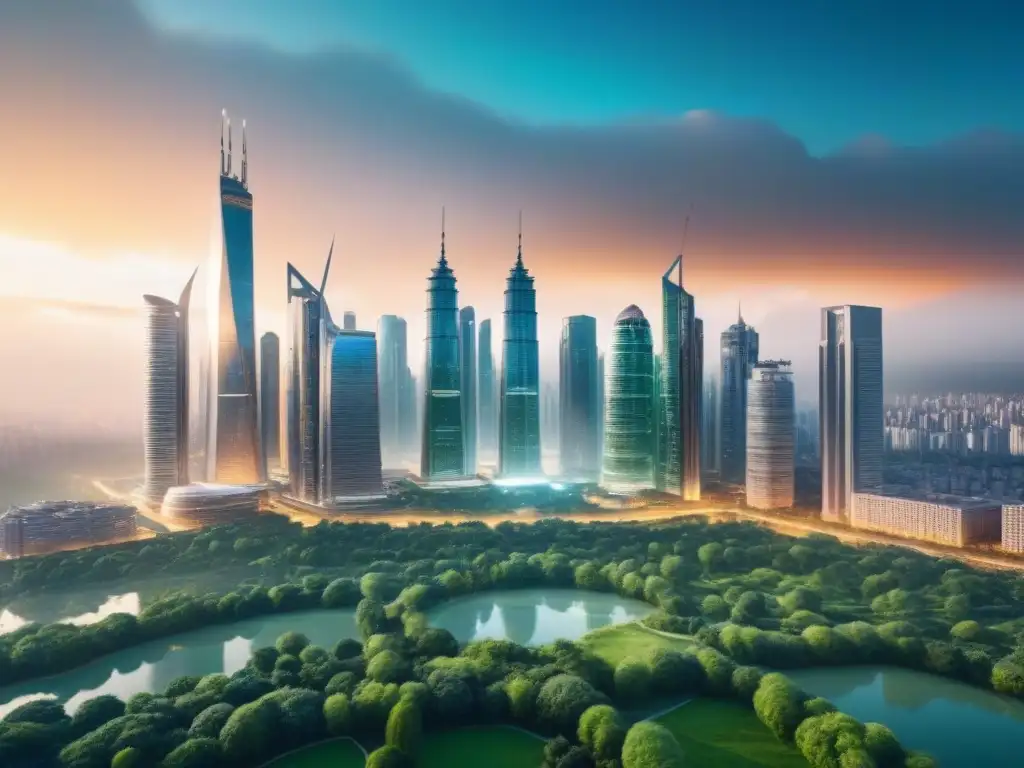Metrópolis futurista: armonía urbana y natural La imagen muestra un impacto visual de políticas monetarias en el sector inmobiliario, con una ciudad moderna y parques verdes