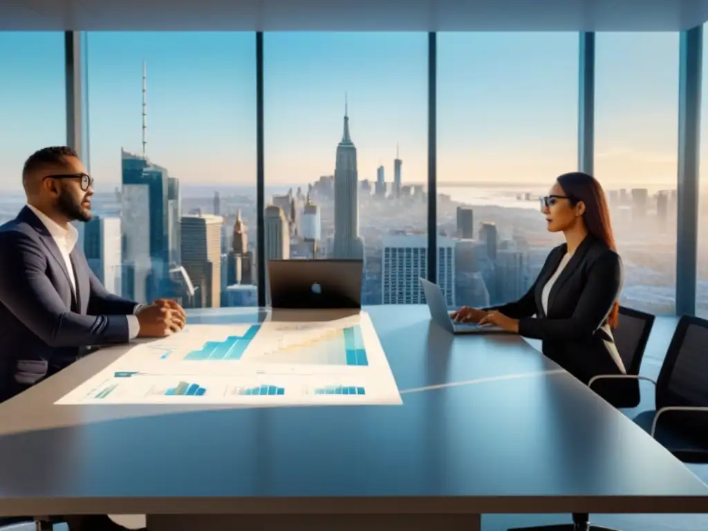 Profesionales en acción: colaboración en la era moderna Una imagen impresionante de profesionales en una oficina moderna, discutiendo datos de inversión inmobiliaria, con una vista panorámica de la ciudad