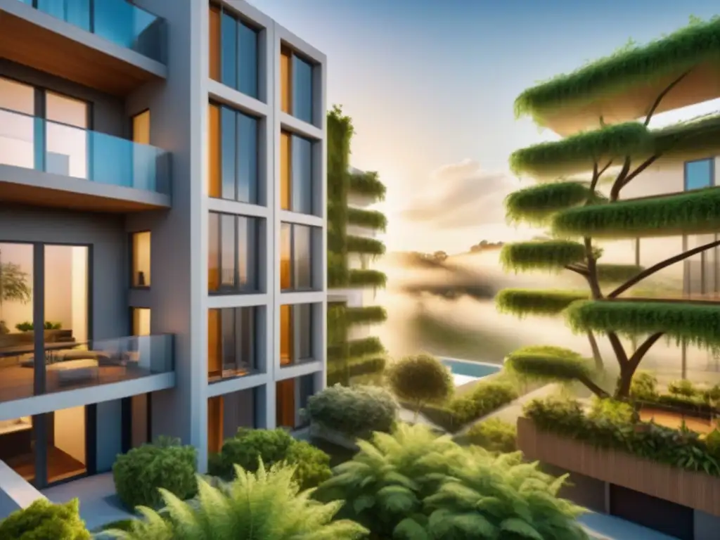 Residencial eco-sostenible de lujo con diseño moderno en entorno natural Una imagen de lujo y sostenibilidad en promoción inmobiliaria, con diseño arquitectónico moderno rodeado de vegetación exuberante