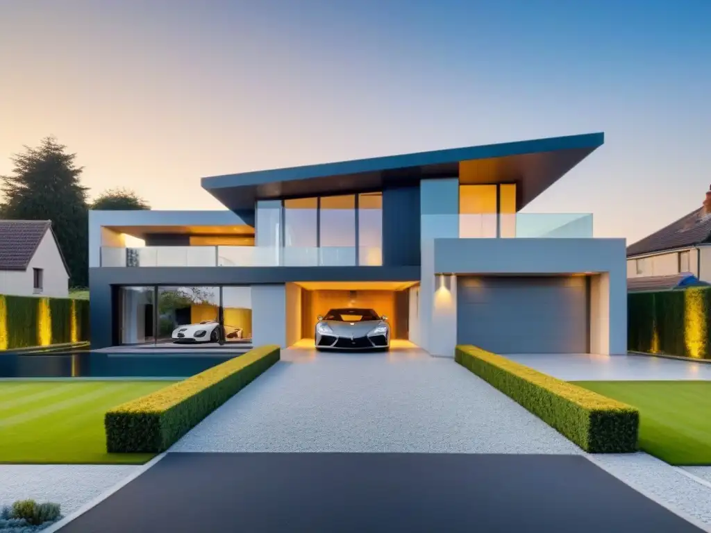 Residencia de lujo con jardín y coche de lujo Imagen de una lujosa mansión moderna con jardín exquisito y auto de lujo, reflejando éxito y riqueza en el refinanciamiento de propiedades de lujo