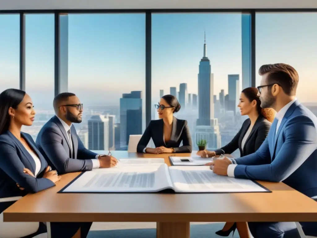 Profesionales discuten regulaciones inmobiliarias en moderna oficina Una imagen moderna y detallada de profesionales diversificados discutiendo normativa local en inmuebles en una oficina contemporánea con vista urbana