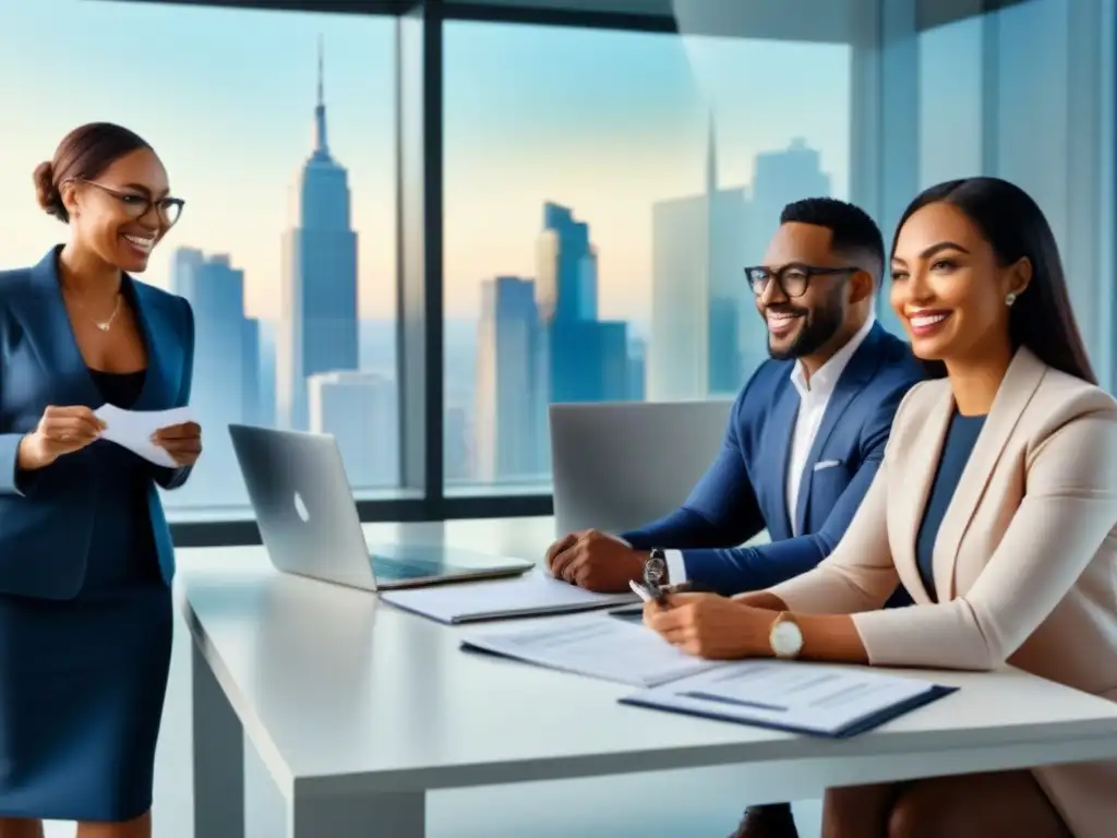 Inversión inmobiliaria inclusiva: diversidad y colaboración en la mesa Una imagen moderna y diversa de colaboración en financiamiento préstamos inmobiliarios minorías en una oficina luminosa con ciudad de fondo