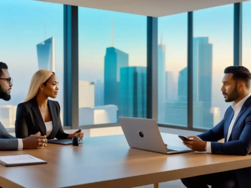 Inversores inmobiliarios debaten sobre seguros en oficina moderna Una imagen moderna y elegante de inversores inmobiliarios diversos discutiendo pólizas de seguros en una oficina luminosa