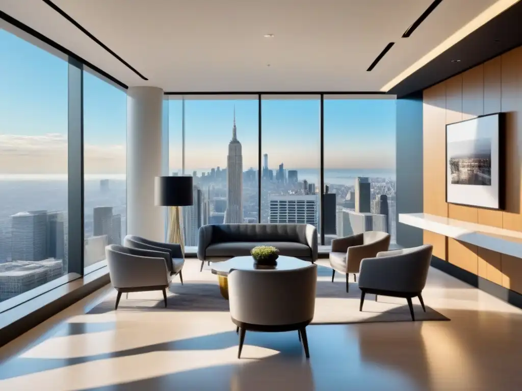 La imagen muestra una moderna oficina inmobiliaria con vistas a la ciudad, ideal para estrategias de content marketing inmobiliario
