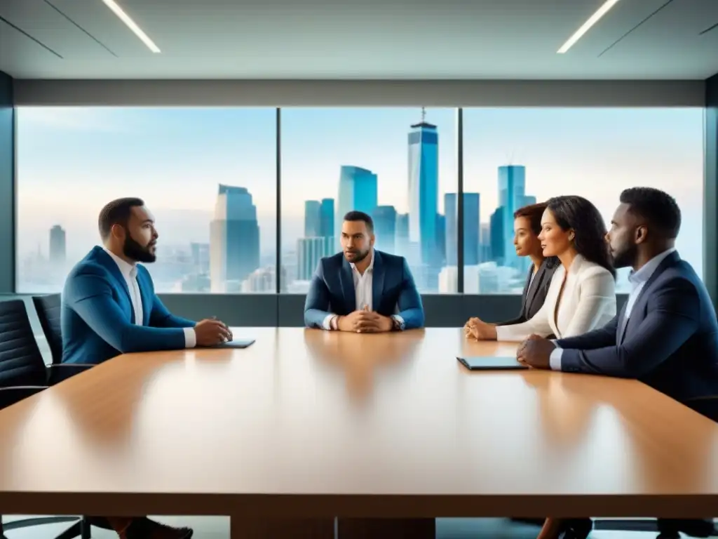 Equipo diverso discute seguros: inclusividad en la industria Una imagen moderna de profesionales diversos discutiendo pólizas de seguros de propiedad en inversión en una oficina contemporánea