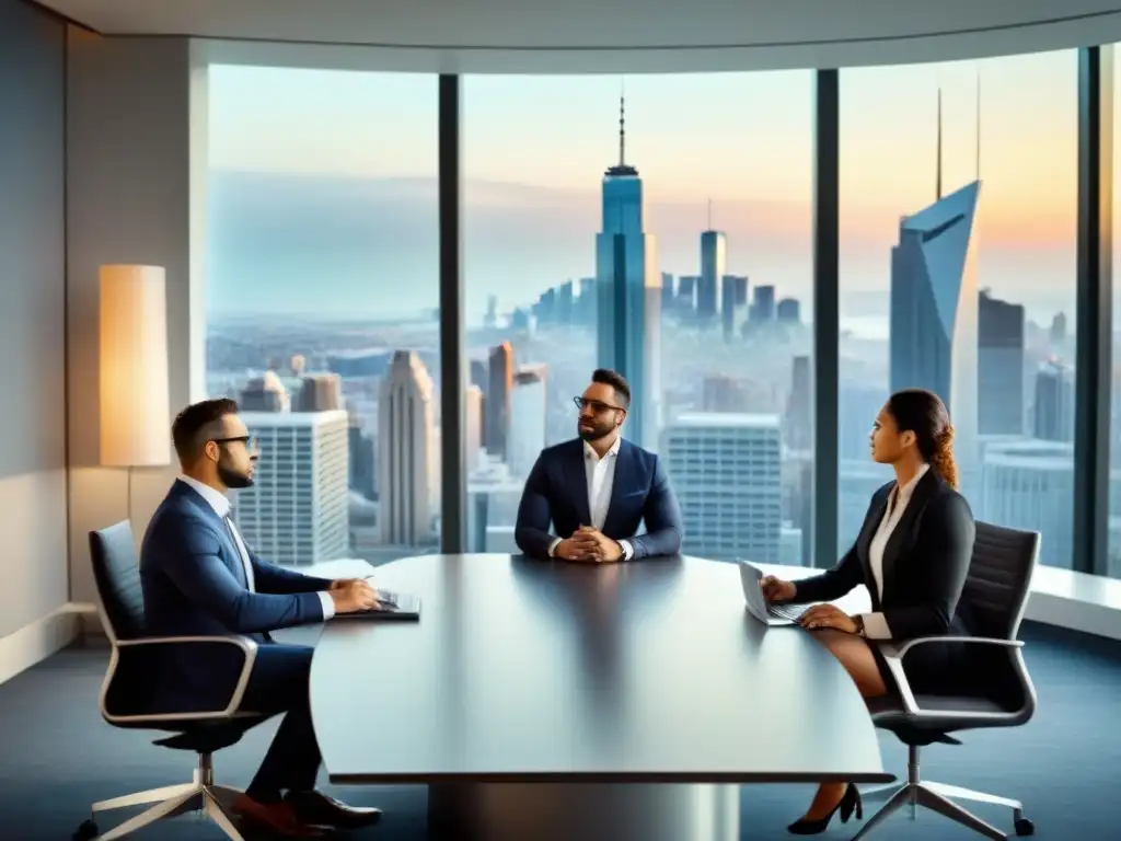 Reunión estratégica de profesionales en ciudad moderna Una imagen moderna y sofisticada de profesionales debatiendo estrategias de inversión inmobiliaria a largo plazo en una sala con vista a la ciudad