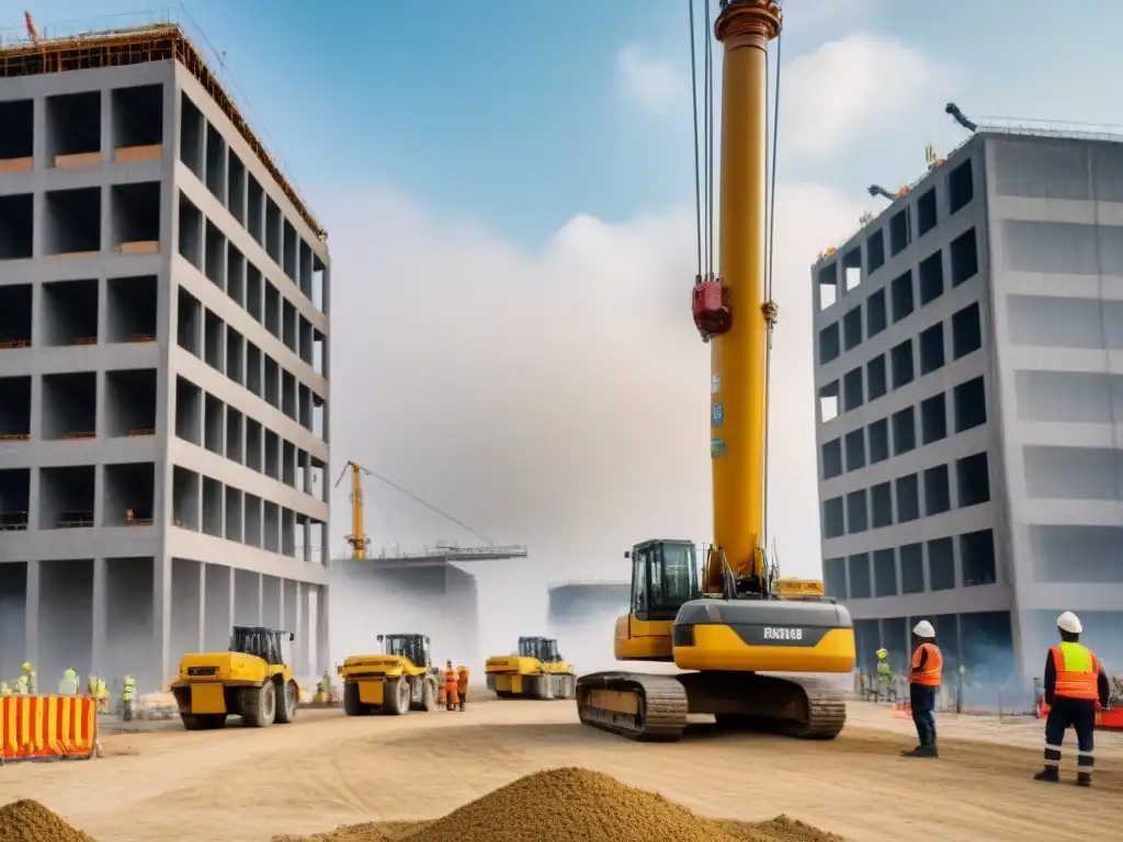 Escena de construcción: obreros, grúas y edificio en progreso Imagen de una obra moderna con trabajadores, grúas y edificio en construcción, resaltando la seguridad en el sitio