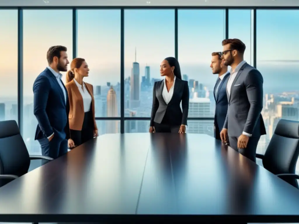 Reunión empresarial de profesionales en oficina moderna Una imagen de profesionales en una animada discusión sobre finanzas inmobiliarias internacionales en una oficina moderna con vista a la ciudad