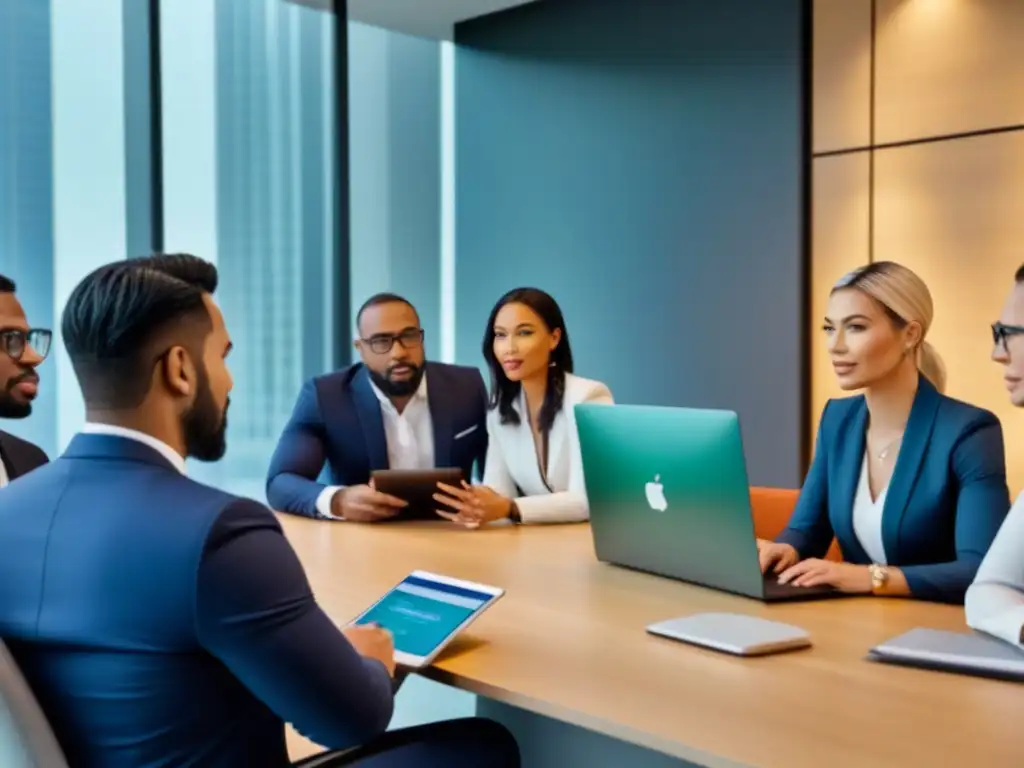 Profesionales globales discuten inversiones inmobiliarias Una imagen de profesionales diversos en una oficina moderna, discutiendo sobre la Importancia REITs en inversiones inmobiliarias