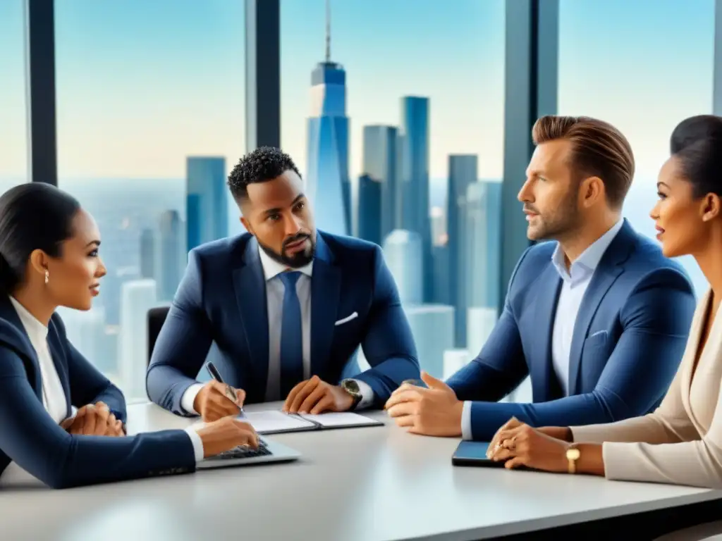 Profesionales inmobiliarios estratégicos en reunión Una imagen de profesionales inmobiliarios en una reunión estratégica con gráficos y laptops, proyectando éxito y colaboración