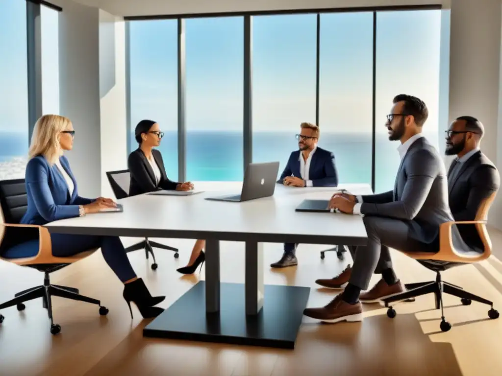 Reunión profesional en mesa moderna con vistas a propiedades vacacionales Una imagen de profesionales en una reunión dinámica sobre inversión en propiedades vacacionales, con decoración y atuendo modernos