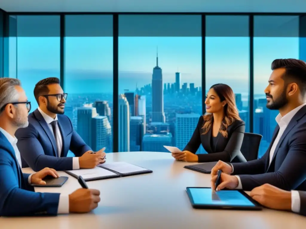 Reunión de profesionales en brainstorming real estate Una imagen de profesionales en una sala de juntas moderna, colaborando en gráficos de inversión inmobiliaria