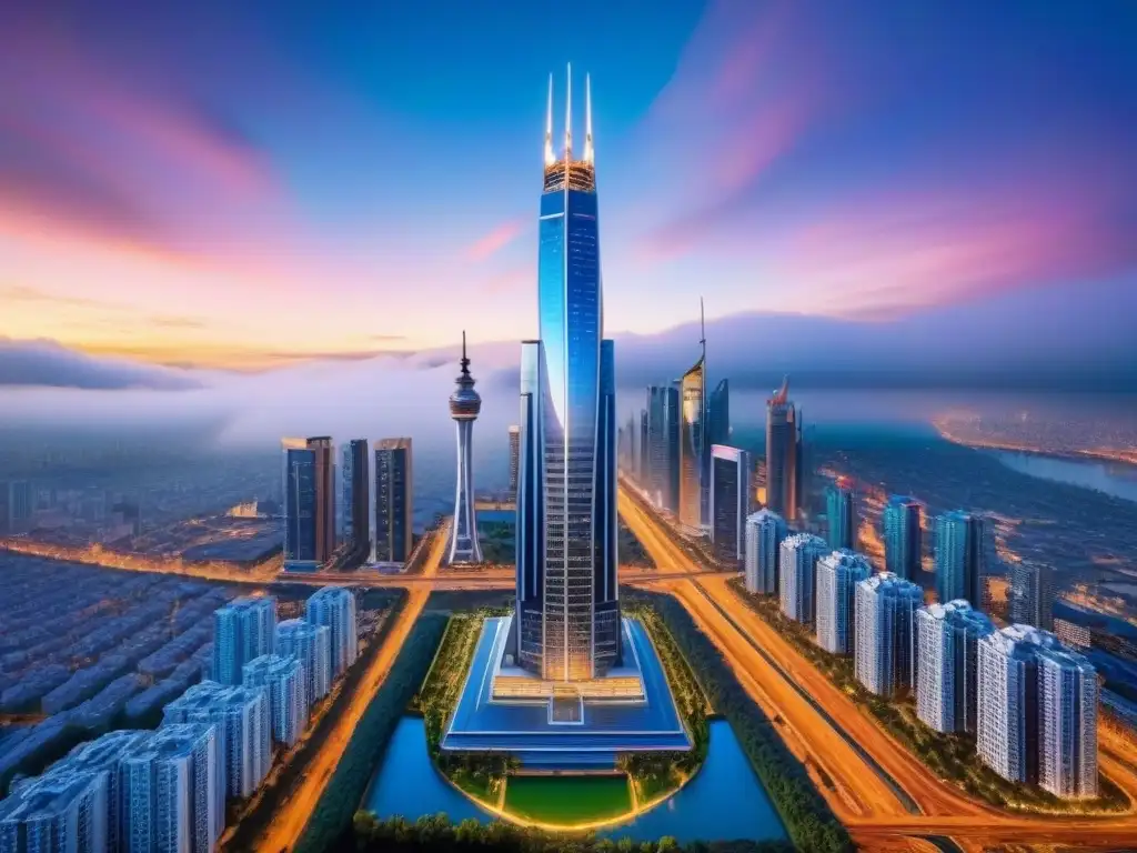 Rascacielos futurista en ciudad tecnológica: innovación inmobiliaria Imagen de un rascacielos futurista con diseño innovador, reflejos de cristal y vegetación, en una ciudad tecnológica