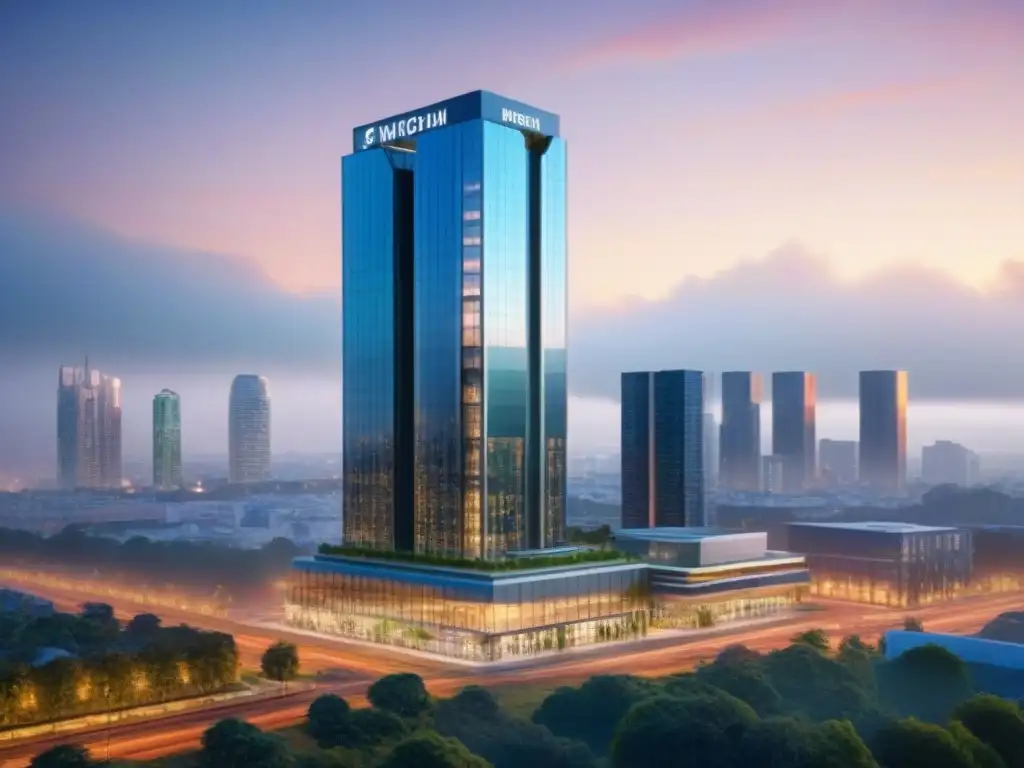 Rascacielos futurista: Financiamiento inmobiliario innovador Imagen de un rascacielos futurista con energía eficiente y espacios verdes, reflejando la ciudad al atardecer