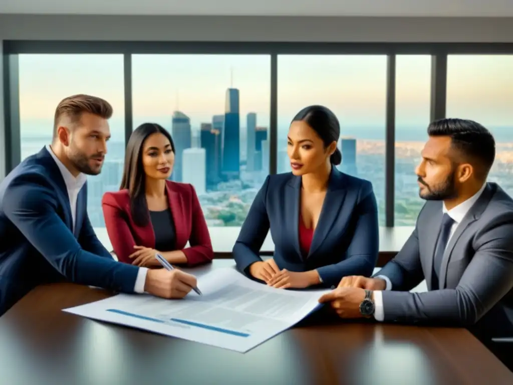 Profesionales discutiendo seguro de título en propiedad Una imagen realista en 8k de profesionales discutiendo sobre Seguros de título de propiedad en una moderna sala con vista a la ciudad