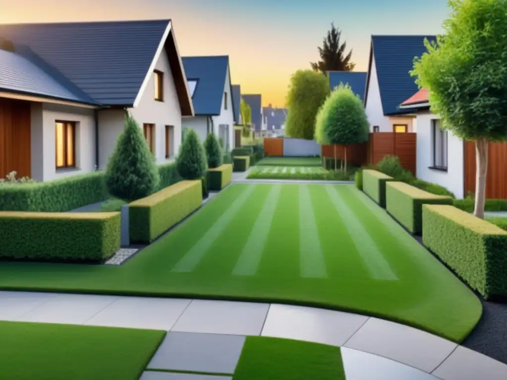 Imagen de vecindario armonioso y moderno, con casas bien cuidadas y vecinos diversos disfrutando de amigables interacciones